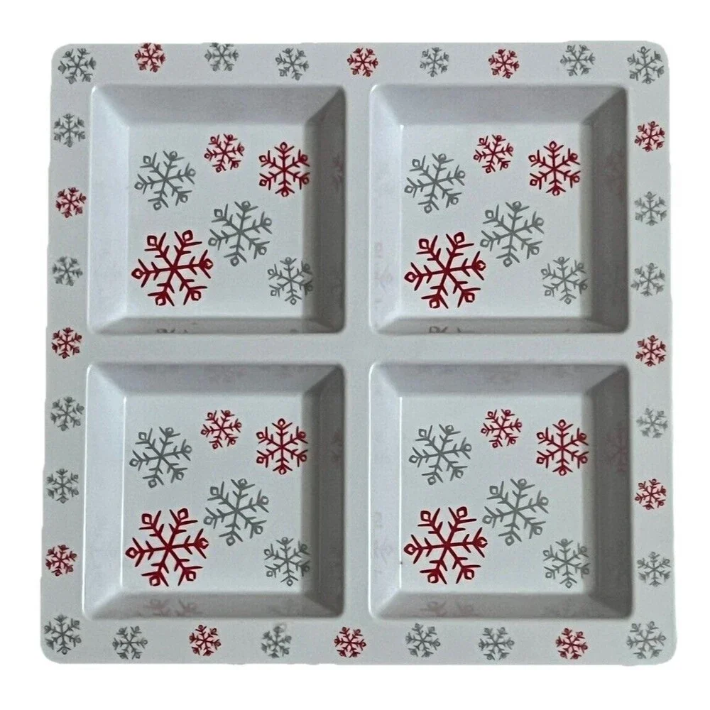 Christmas Serving Tray Holiday Party Snowflakes Vintage White Melamine 13 Square